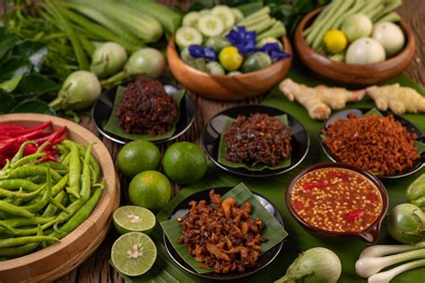 Different types of chili sauce with ingredients to make a Thai cuisine ...