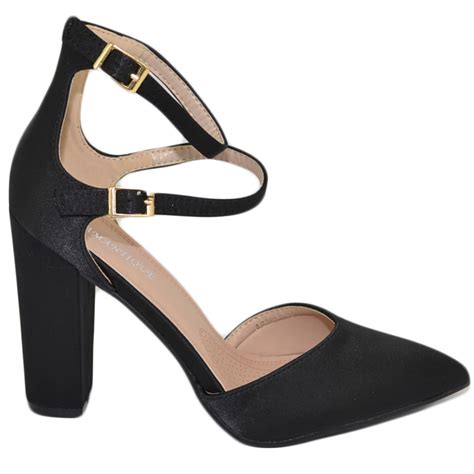 DECOLLETE SCARPA DONNA Pelle Nero Punta Tacco Largo Comodo Con