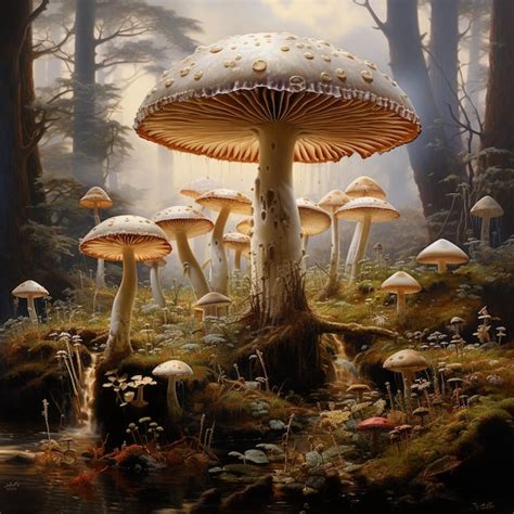 Premium AI Image A Painting Of Mushrooms And Mushrooms In A Forest