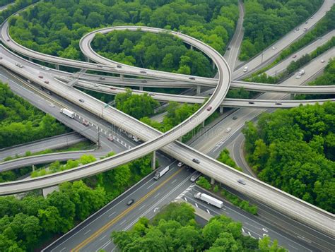 Aerial View Of Complex Highway Interchange Surrounded By Lush Greenery