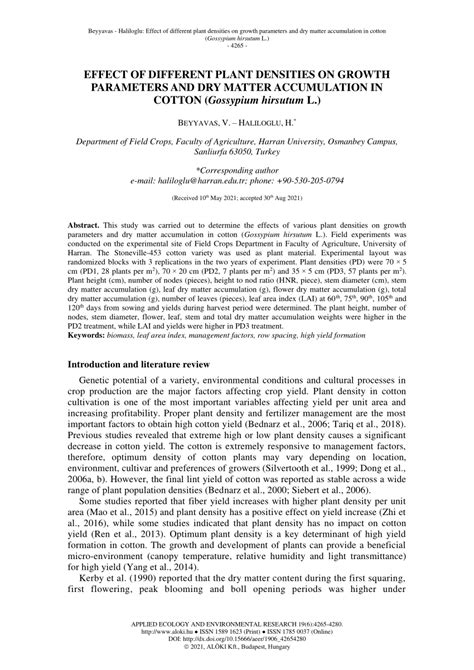 Pdf Effect Of Different Plant Densities On Growth Parameters And Dry