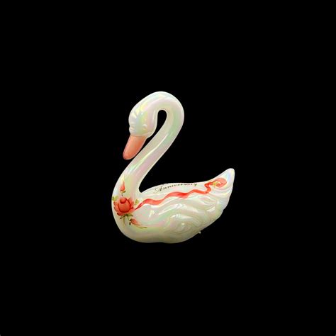 Fenton 5161 Iridescent Opal Glass Swan 40th Anniversary Hand Painted Red Roses And Ribbon Etsy