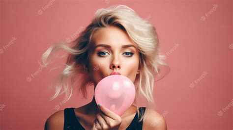 Premium Photo Blonde Woman Blowing Pink Gum