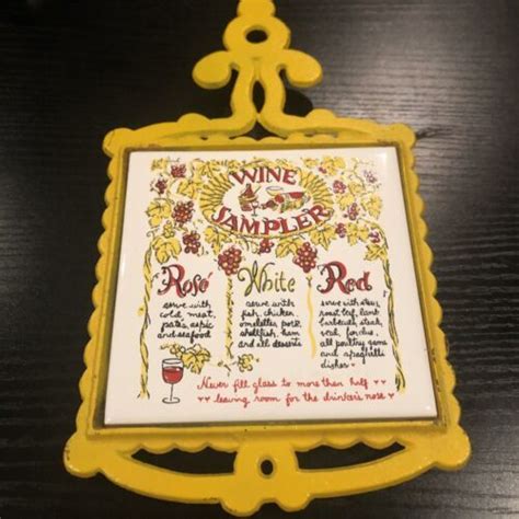 Vintage Wine Sampler Ceramic Tile Tivet Cast Iron Frame Lorrie Design