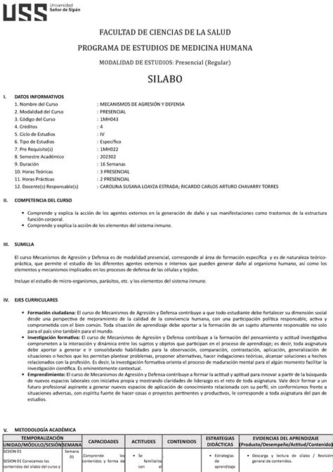 Sílabo 2023 2 Silabo Mecanismo De Agresión Y Defensa Ciclo 2023 2