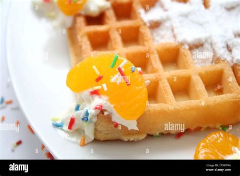 Waffles With Cream Stock Photo Alamy