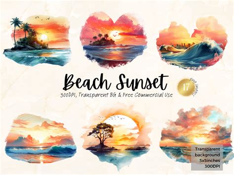 Watercolor Beach Sunset Clipart Tropical Vacation Travel Ocean - Etsy