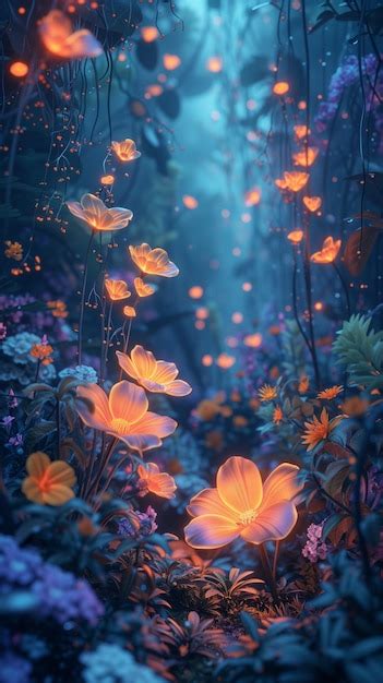 Premium Photo | Glowing orange flowers in a mystical blue forest