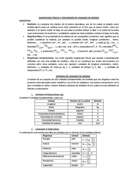 Magnitudes Fisicas Y Conversion De Unidades De Medida Pdf Física Science