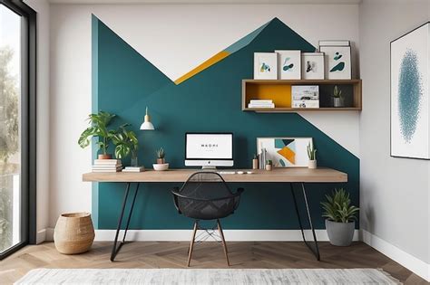 Premium Photo | A home office with a floating shelf desk and abstract ...