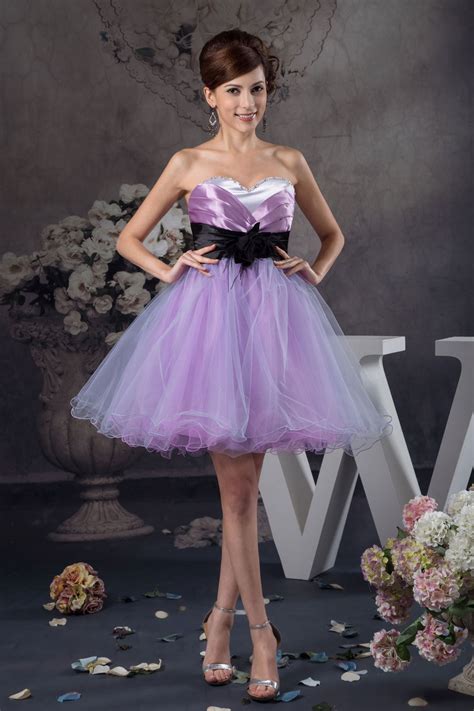 Mini Lilac Ball Gown Ribbon Satin Sweetheart Ruched Cocktail Dress