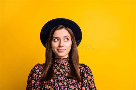 Portrait Of Optimistic Nice Lady Look Empty Space Wear Black Cap Shirt