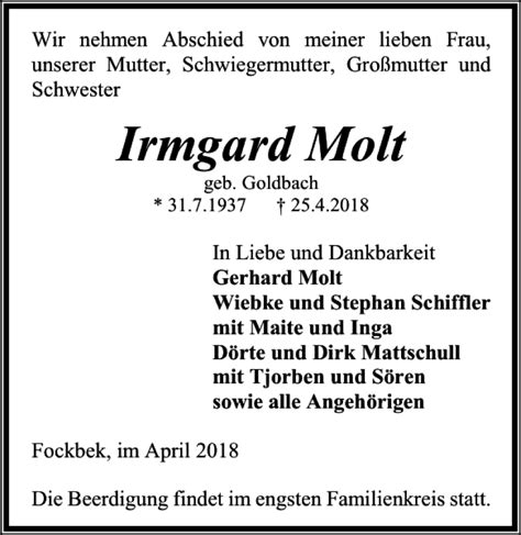 Traueranzeigen Von Irmgard Molt Trauer Anzeigen De