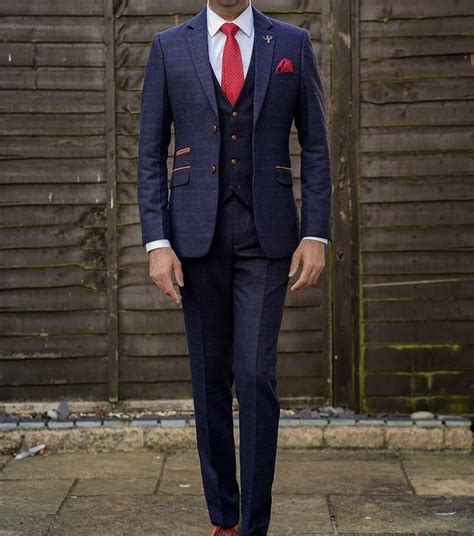 British Favourite Woolen Tweed Fabric Suit In Blue With Rust Check Is