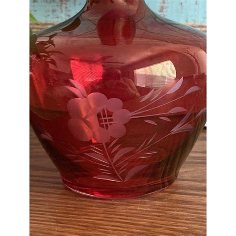 Vintage Etched Cranberry Stain Glass Christmas Vase 7 14 Etsy