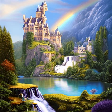 Fantasy Castle Scenic Waterfall Painting Creative Fabrica