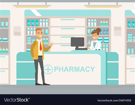 Man Standing Behind Counter In Pharmacy Woman Pharmacist Helping Him