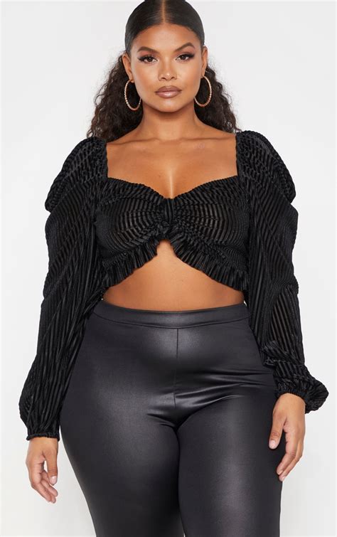 Plus Black Velvet Bow Detail Crop Top Prettylittlething