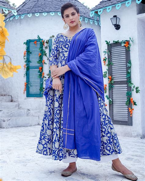 Blue Floral Printed Flared Kurta With Dupatta Set Of Two By Ambraee