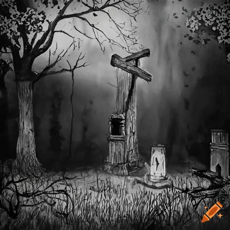 pencil drawing of a spooky graveyard with wooden crosses on Craiyon