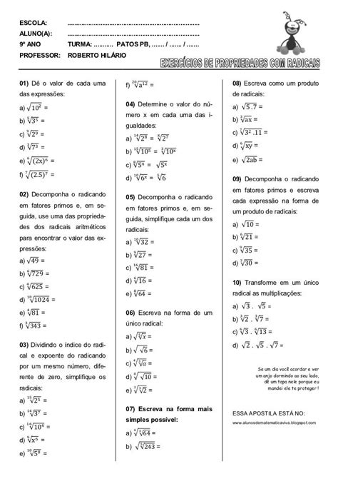 Lista De Exercício Com Propriedades De Radicais