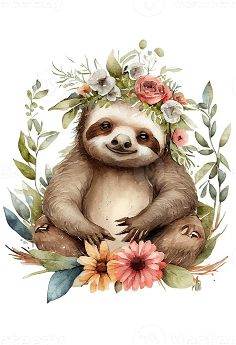 Watercolor Cute Hand Drawn Sloth Sloth In Floral Wreath Flowers