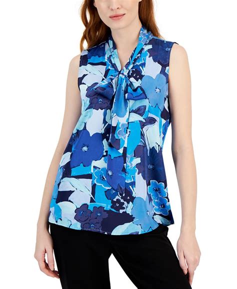 Tahari Asl Womens Printed Sleeveless Bow Neck Blouse Macys