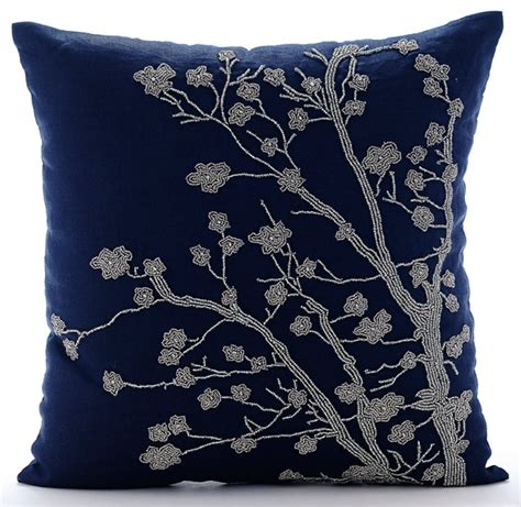 Navy Blue Throw Pillow Covers Square Magnolia Flower Floral