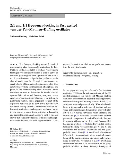 PDF 2 1 And 1 1 Frequency Locking In Fast Excited Van Der PolMathieu