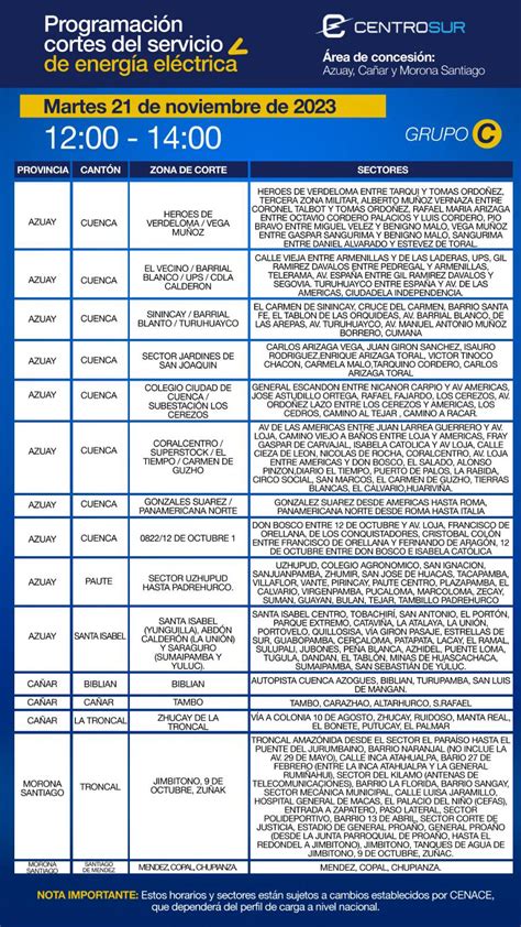 Horarios De Cortes De Luz En Azuay Y Cañar Este Martes 21 De Noviembre