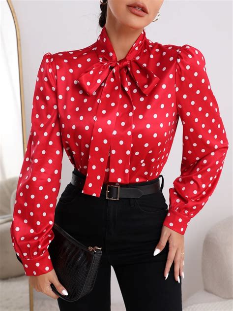 Polka Dot Tie Neck Satin Blouse