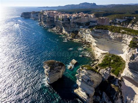 Aerial View Of Bonifacio Old Town Built On Cliffs Of White Limestone