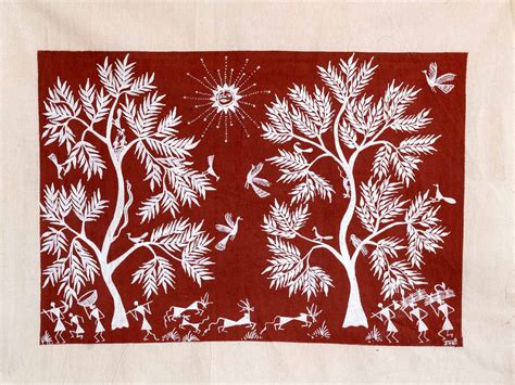 Warli Painting Of The Sun And Two Trees Silk Road Gallery