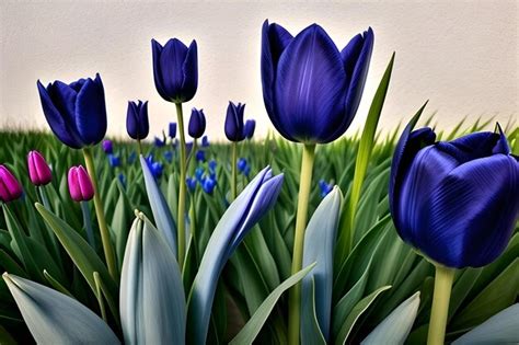 Premium AI Image | a field of purple tulips with green stems blue wall ...