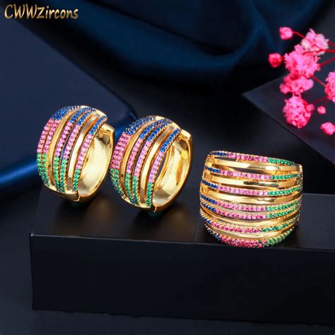 Cwwzircons Luxo Rodada Hoop Brincos E Anel Conjunto Para Mulheres