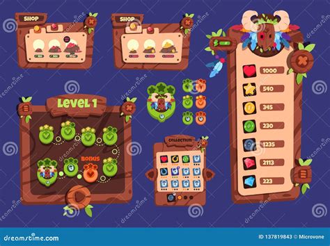 Cartoon Game Ui Wooden Elements And Popup Menu Buttons And Icons 2d