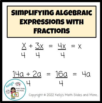 Simplifying Algebraic Expressions with Fractions - Digital | TPT