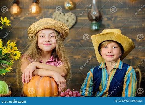 Kids Girl Boy Wear Hat Celebrate Harvest Festival Rustic Style