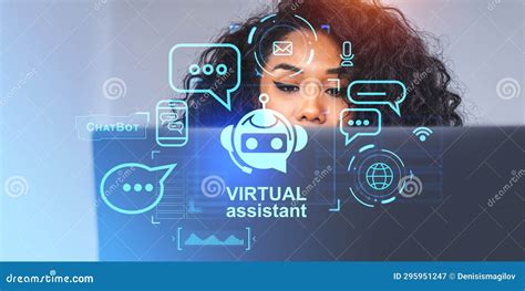 Black Woman And Virtual Assistant Hologram With Glowing Digital Icons Stock Image Image Of