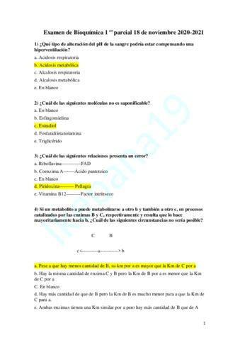 Examen De Bioquimica Er Parcial De Noviembre Pdf