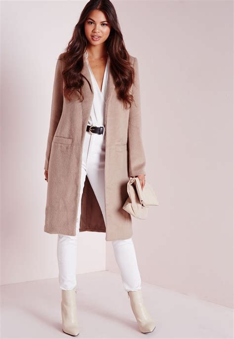 Missguided Brushed Wool Coat Taupe Midi Ruffle Dress Midi Dress