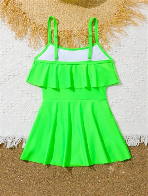 Tween Girl Ruffle Trim One Piece Swimsuit Shein Usa