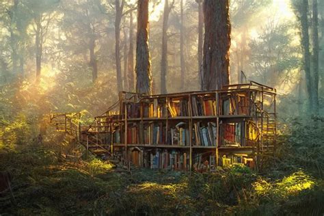 Krea Library In The Forest Overgrown Abandoned Wooden Shelves