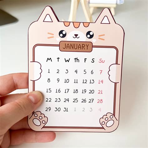 Cute Cat Shaped Small Desk Calendar 2024 Cute Kawaii Printable Office