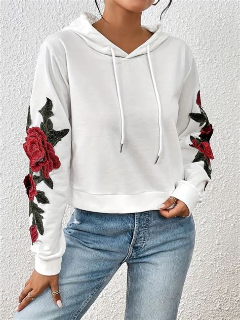 Floral Crop Hoodie Casual Long Sleeve Drawstring Hoodies Temu New Zealand