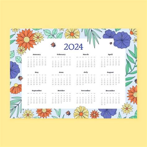 Modello Di Calendario 2024 Disegnato A Mano Con Fiori E Insetti