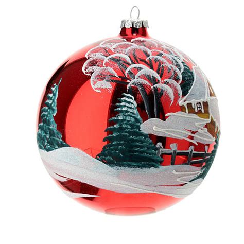 Boule de Noël verre soufflé rouge brillant paysage enneigé 150 mm