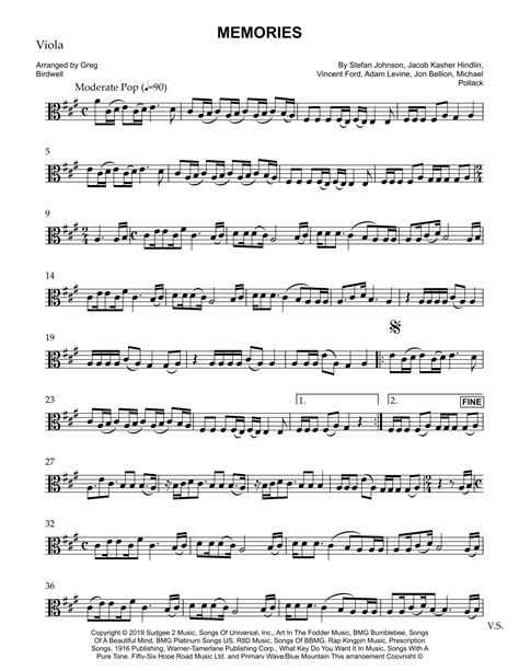 Memories Arr Greg Birdwell By Maroon 5 Sheet Music For Viola Solo At