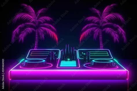 Tropical Neon Dj Illustration with Palm Trees in the Background Stock ...