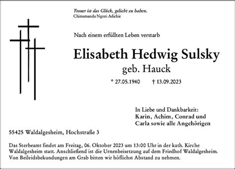 Traueranzeigen Von Elisabeth Hedwig Sulsky Vrm Trauer De